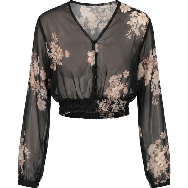 Top da donna mini in nero pece con stampe collo a v a maniche lunghe Nunalie