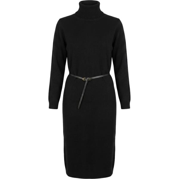 Vestito longuette/midi da donna in nero pece lavorato a maglia collo alto con cintura in viscosa Nunalie
