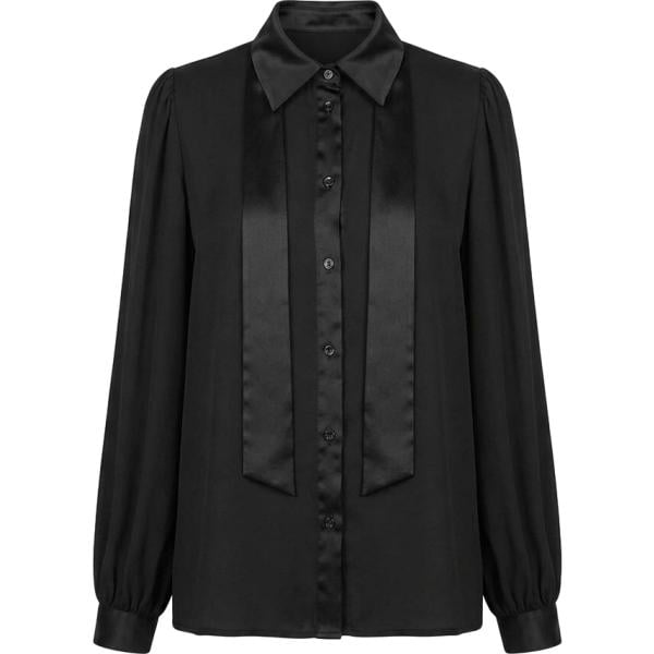 Camicia da donna in nero pece con fiocco collo a punta a maniche lunghe Nunalie Nunalie