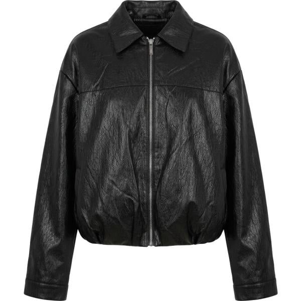 Bomber da donna in nero pece collo a punta con zip in ecopelle Nunalie Nunalie