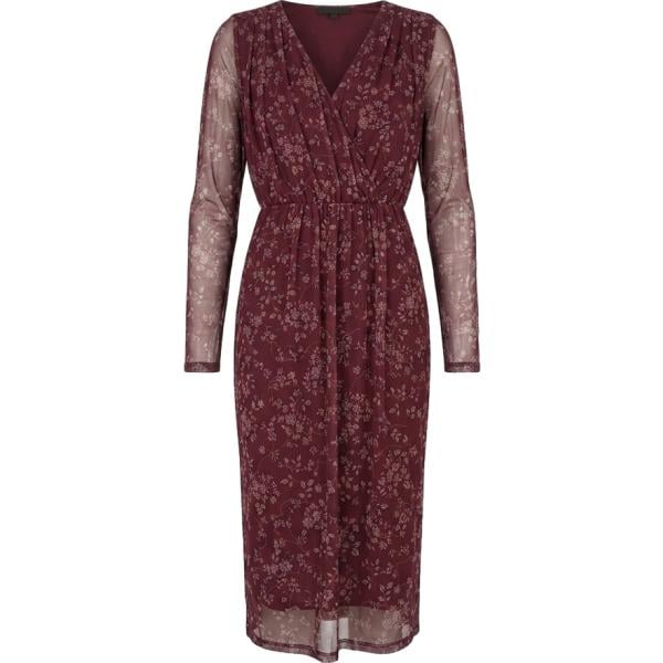 Vestito longuette/midi da donna in bordeaux con stampe collo a v a maniche lunghe in poliestere Nunalie