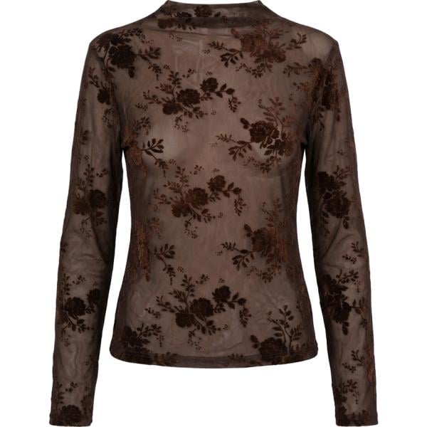 T-shirt da donna in marrone scuro a fiori con scollo a maniche lunghe Nunalie