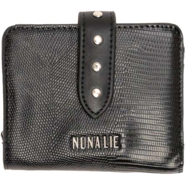 Portafoglio da donna in nero pece animalier con borchie con cinturino in ecopelle Nunalie