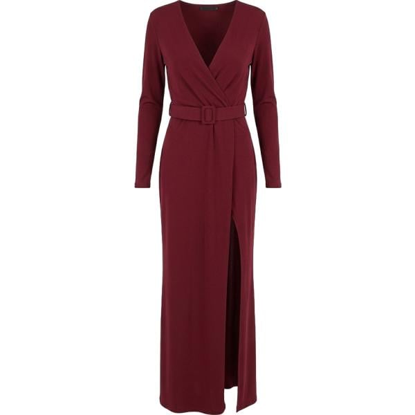 Vestito lungo da donna in bordeaux collo a v lungo a maniche lunghe con cintura in poliestere Nunalie