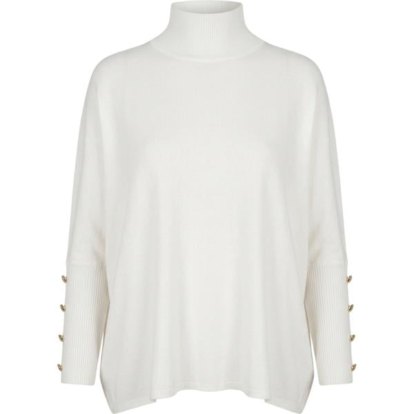 Pullover da donna in bianco neve lavorato a maglia collo alto lungo con bottoni in lana Nunalie
