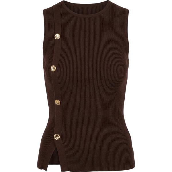 Top da donna in marrone scuro lavorato a maglia lungo senza maniche con bottoni in viscosa Nunalie