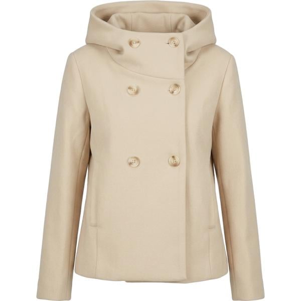 Cappotto da donna doppiopetto in bianco neve collo con cappuccio corto in lana Nunalie