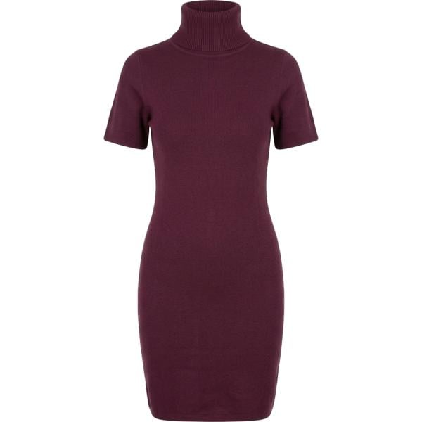 Vestito corto da donna in bordeaux lavorato a maglia collo alto corto a maniche corte in viscosa Nunalie