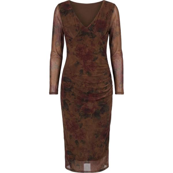 Vestito longuette/midi da donna in marrone scuro con stampe con ruches collo a v a maniche lunghe in poliestere Nunalie