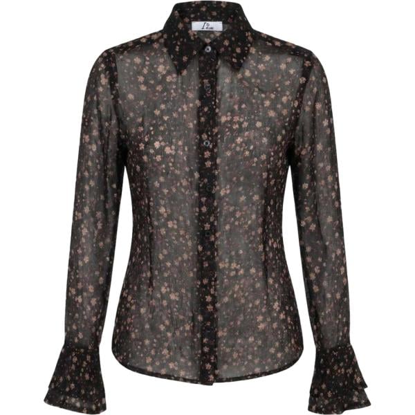 Camicia da donna forma svasata in grigio scuro con stampe con ruches con scollo lungo a maniche lunghe con bottoni I am