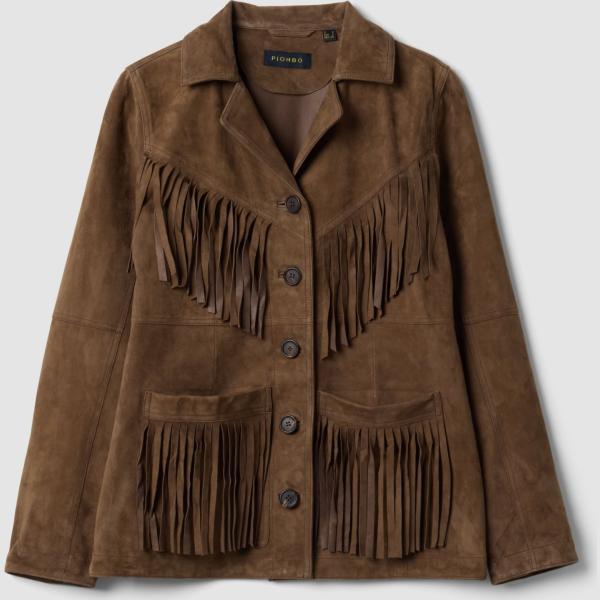 Chaqueta mujer marrón oscuro con flecos cuello con capucha piel Piombo