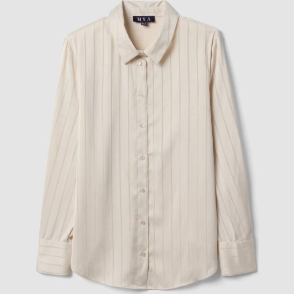 Camisa mujer light gray de rayas cuello clásico de manga larga Mya