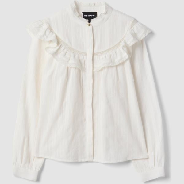 Camisa mujer ivory white con volantes cuello mao de manga larga con botones algodón Les Copains