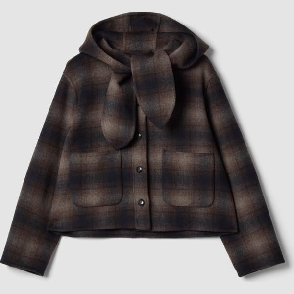 Abrigo mujer light gray de cuadros cuello con capucha largo con botones lana Les Copains