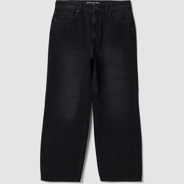 Vaqueros pata de elefante hombre jet black efecto lavado corto con cremallera denim Republic Of Denim