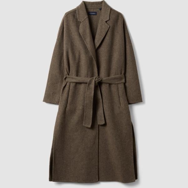 Abrigo mujer oversize marrón oscuro con diseños cuello rever corto con cinturón lana Piombo Contemporary