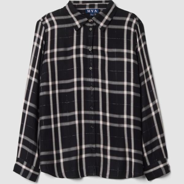 Camisa mujer jet black de cuadros cuello clásico de manga larga con botones viscosa Mya