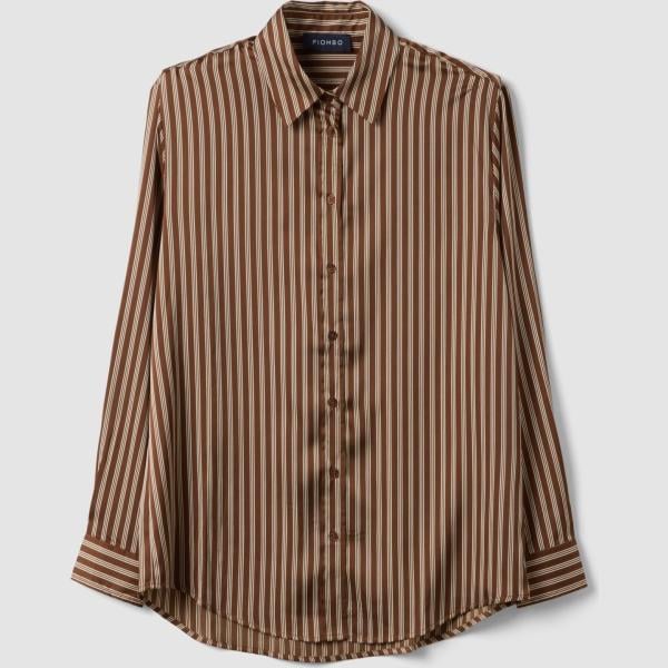 Camisa mujer marrón oscuro de rayas cuello clásico de manga larga Piombo Contemporary