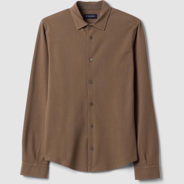 Polo hombre light brown cuello clásico largo de manga larga con botones denim Piombo Contemporary