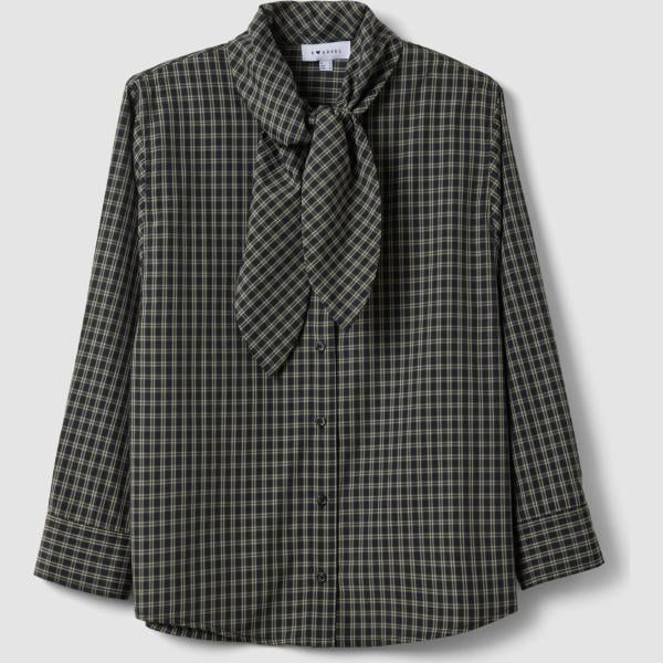 Camisa mujer oversize gris oscuro de cuadros con lazo cuello clásico corto de manga larga algodón B.angel