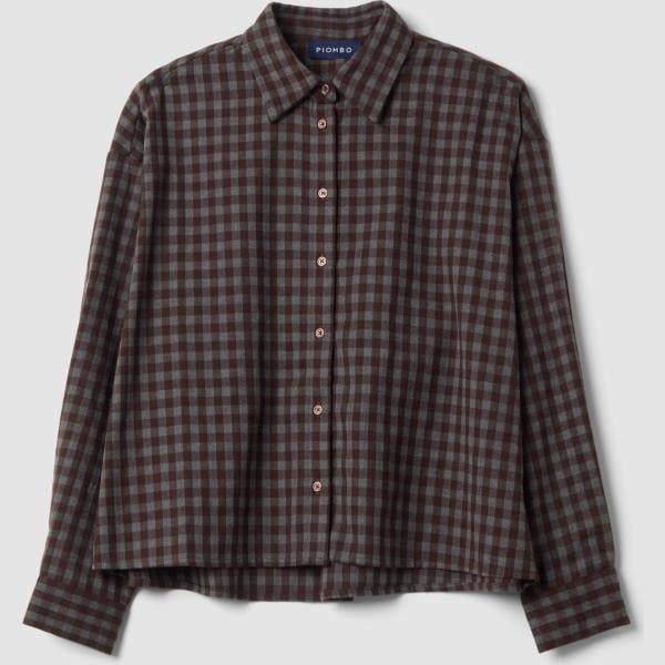 Camisa mujer marrón oscuro de cuadros cuello clásico de manga larga viscosa Piombo Contemporary