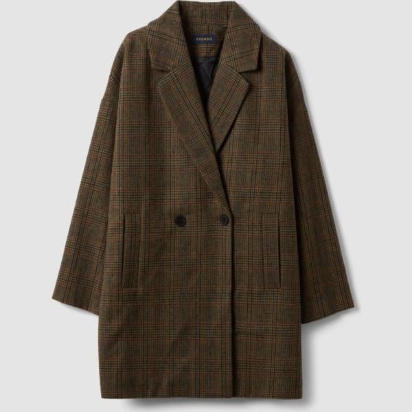 Abrigo mujer oversize marrón oscuro de cuadros cuello rever corto con botones lana Piombo