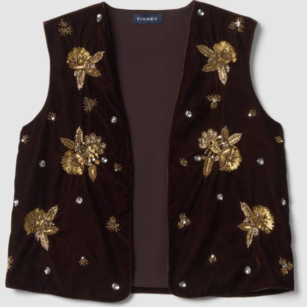 Chaleco mujer marrón oscuro con lentejuelas sin mangas punta abierta Piombo Contemporary