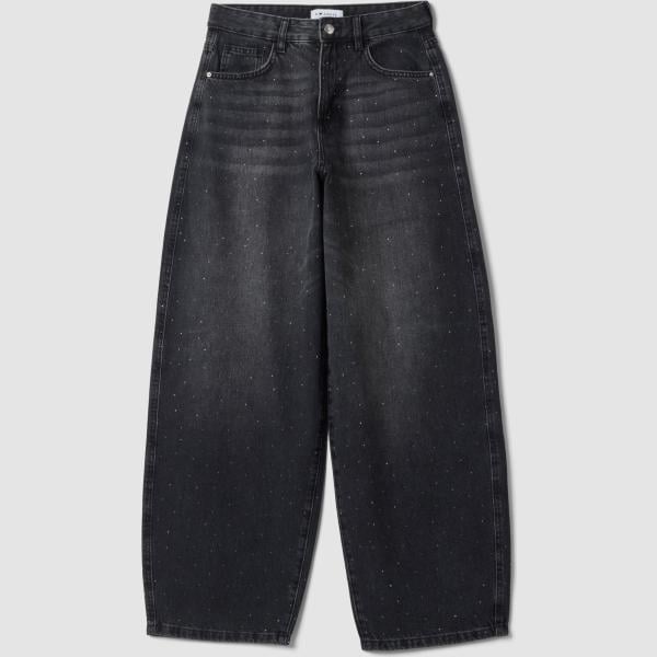 Vaqueros pata de elefante mujer jet black con pedrería con cremallera denim B.angel