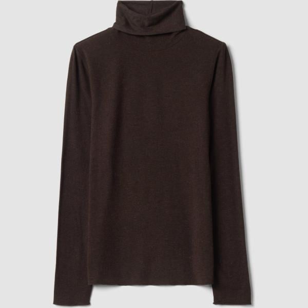 Camiseta mujer marrón oscuro cuello alto largo de manga larga lana Les Copains