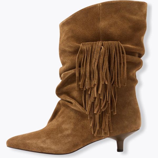 Bottes femme mini marron foncé curvy à franges à talon bobine à bout pointu Promod