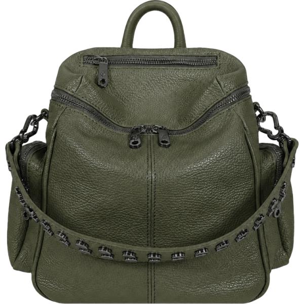 Zaino da donna mini in verde oliva con borchie made in italy con zip in pelle Elisendra®