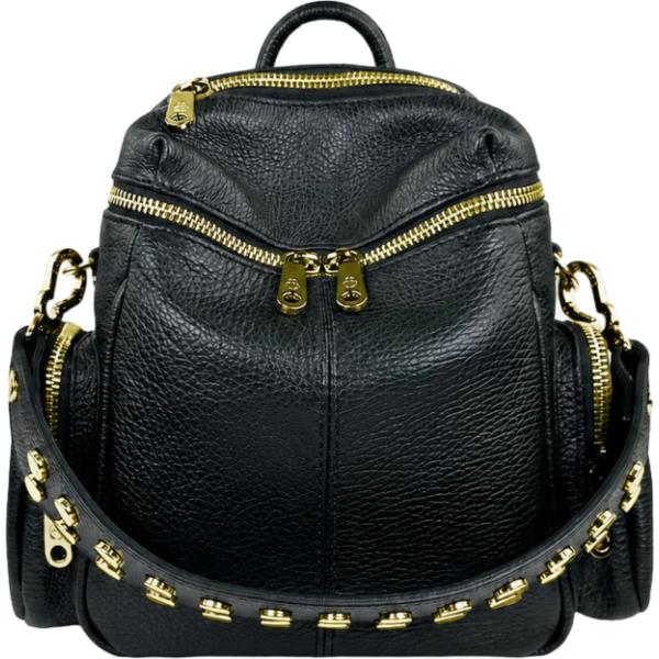 Zaino da donna mini in nero pece con borchie made in italy con zip in pelle Elisendra®