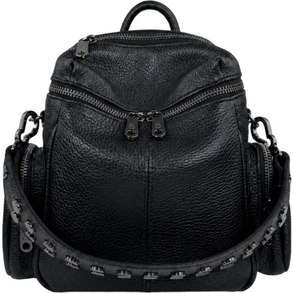 Zaino da donna mini in nero pece con borchie made in italy con zip in pelle Elisendra®