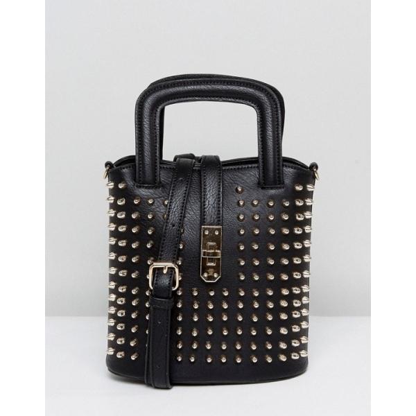 Borsa a tracolla con borchie e fibbia in pelle sintetica con tasca interna nero Liquorish