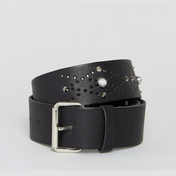 Cintura con perle e borchie con fibbia in denim lunghezza regolabile nero Retro Luxe London