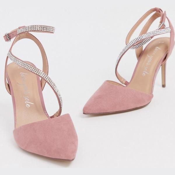 Scarpe con tacco con strass e tacco spillo con cinturino rosa New Look