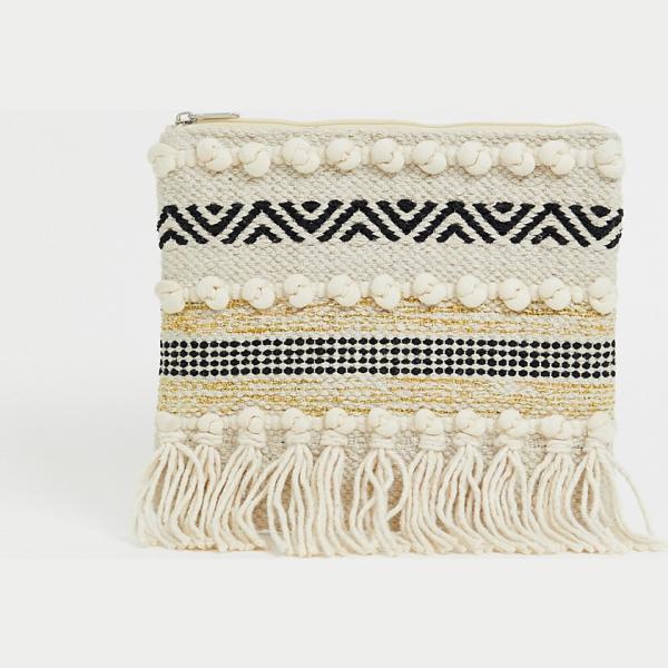 Pochette contrasto con ricamo e zip in paglia con nappine Glamorous