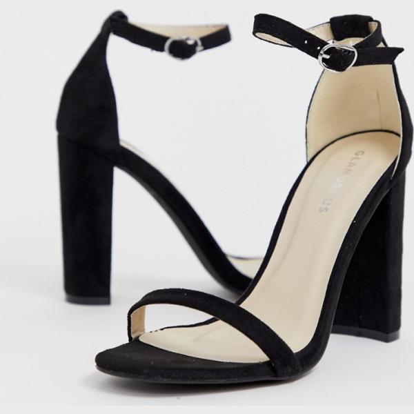 Sandali con tacco largo e punta quadrata nudo e nero Glamorous