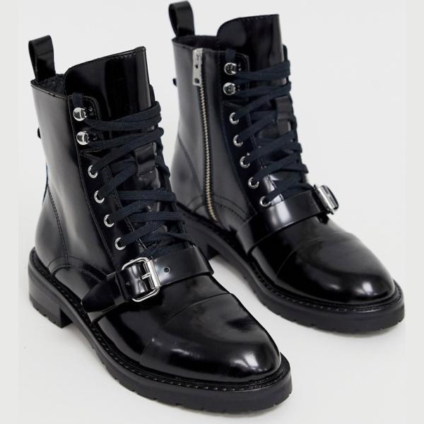 Scarponcini con stringhe e tacco basso con zip in denim con gancetti AllSaints