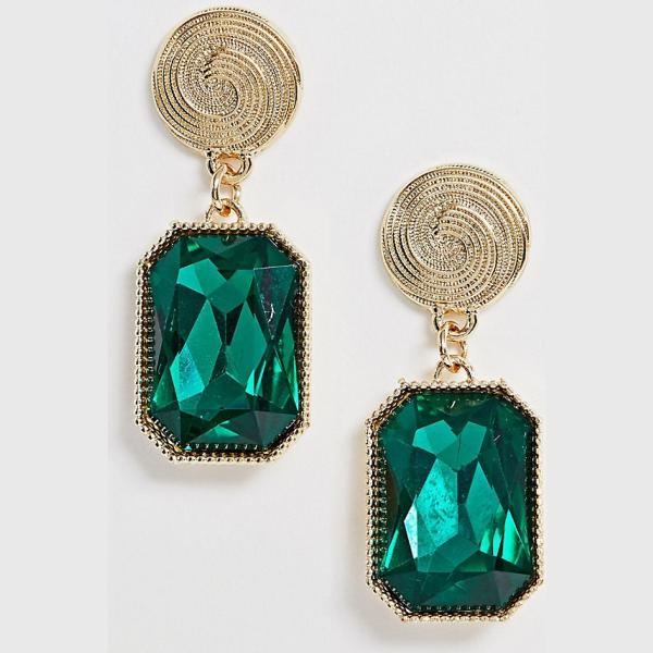 Orecchini pendenti con pietra verde e oro Reclaimed Vintage