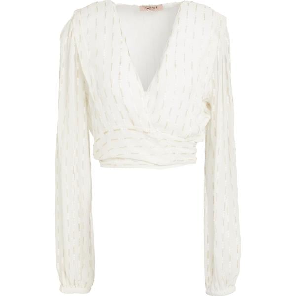 Top da donna a portafoglio in bianco neve con paillettes con scollo a maniche lunghe con bottoni in viscosa Twinset Twinset