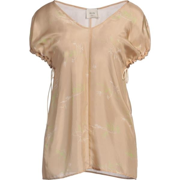 Top da donna in marrone chiaro a fiori collo a v a maniche corte in seta Alysi Alysi