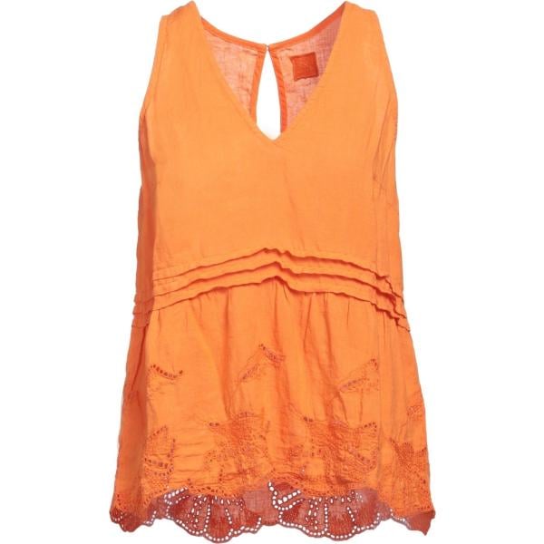 Top da donna in arancione scuro con pizzo collo a v senza maniche in lino 120% Lino 120% Lino