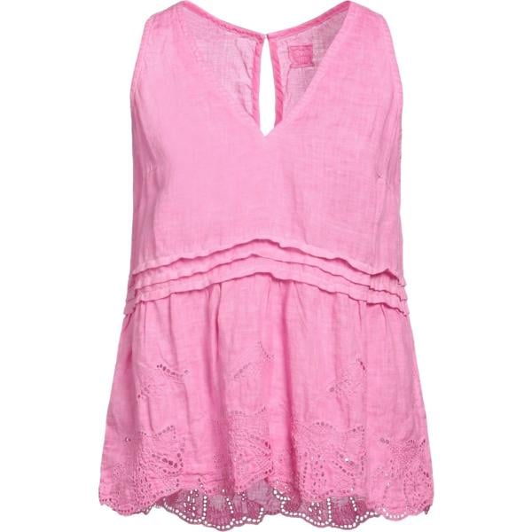 Top da donna in rosa scuro con pizzo collo a v senza maniche in lino 120% Lino