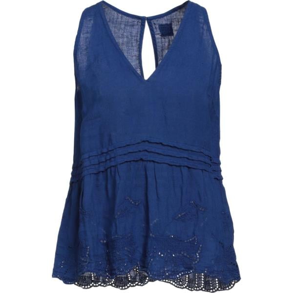 Top da donna in blu scuro con pizzo collo a v senza maniche in lino 120% Lino 120% Lino