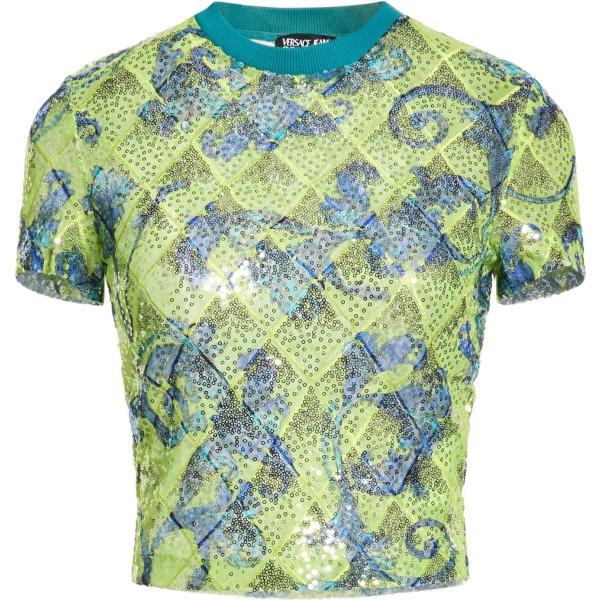 T-shirt da donna in verde chiaro con stampe con paillettes girocollo a maniche corte Versace Jeans Couture Versace Jeans Couture
