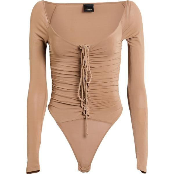Corpo da donna in marrone chiaro con ruches collo aperto a maniche lunghe con zip in viscosa Pinko Pinko
