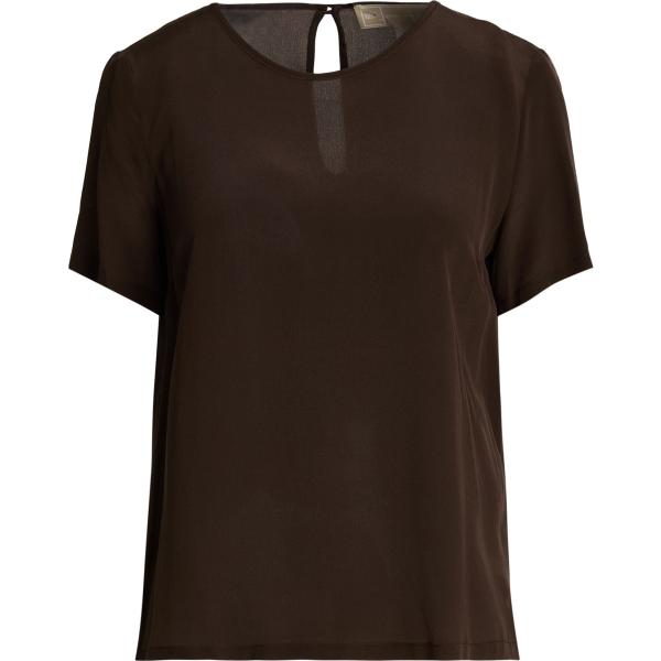 Top da donna in marrone scuro chiffon girocollo a maniche corte con bottoni in seta 120% Lino 120% Lino