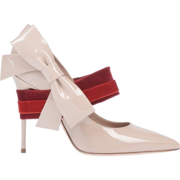 Décolleté con fiocco effetto vernice con tacco spillo a punta in velluto tinta unita Fausto Puglisi tinta unita