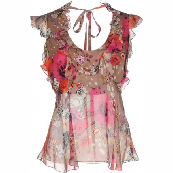 Top fantasia floreale con ruches collo tondo a maniche corte con zip in raso Roberto Cavalli a fiori